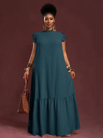 Vestido Maxi de Verano para Mujer Talla Grande Corte en A Vintage Elegante Color Sólido Manga Volante con Volantes Vestido Largo