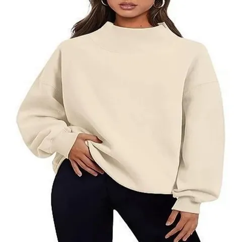 Damen Mock Neck Oversize Sweatshirt Dickes Fleece Herbst Winter Mode Lässig Überschnittene Schultern Langarm Einfarbig Top