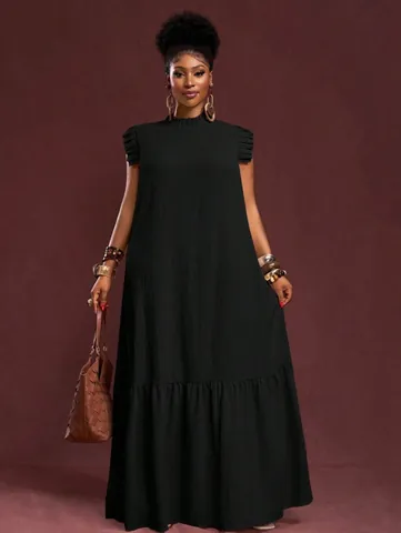 Vestido Maxi de Verano para Mujer Talla Grande Corte en A Vintage Elegante Color Sólido Manga Volante con Volantes Vestido Largo
