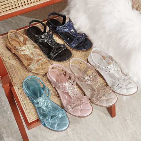 Bohemian Rhinestone Flower Flat Sandals For Women Elastic Back Strap Peep Toe Summer Beach Dress Shoes Comfort Plus Size