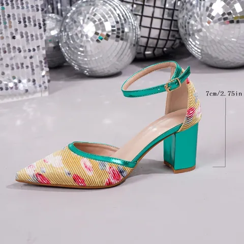 Damen Retro Pumps mit spitzer Zehenpartie und Blockabsatz Metallic Grün Blumendruck Knöchelriemen Mode Party High Heels Schuhe
