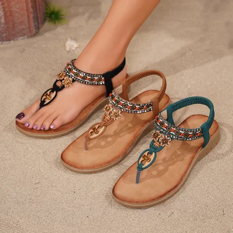 Sandali Bassi da Donna Bohemien Infradito con Strass e Perline di Legno Scarpe da Spiaggia Stile Etnico Estate