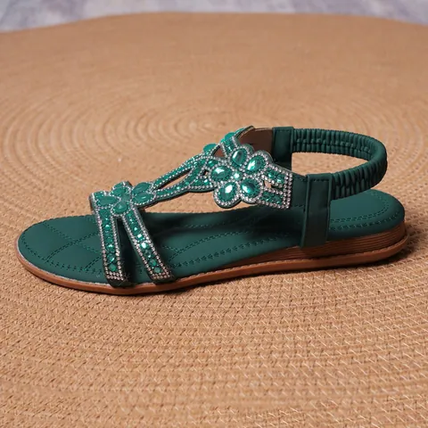 Bohemian Rhinestone Flower Flat Sandals For Women Casual Beach Vacation T-Strap Elastic Back Summer Shoes