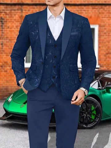 Heren 3-Delig Floral Jacquard Formeel Kostuum Set Sjaalkraag Slim Fit Tuxedo Jas Vest En Broek Voor Bruiloft Banket