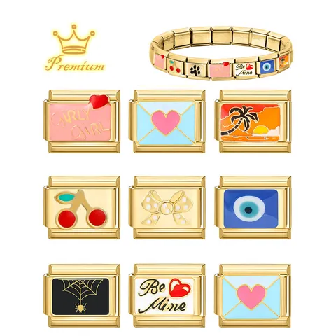Gold Stainless Steel Italian Charm Links For DIY Bracelet Making Enamel Evil Eye Cherry Heart Pattern Jewelry Accessory