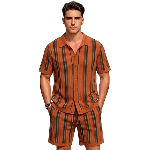 Men's Casual Viscose Knit Top And Bottom Striped Lapel Short Sleeve Polo Shirt With Matching Drawstring Shorts Summer Clothing