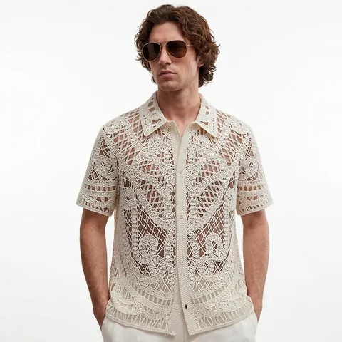 Men Hollow Crochet Knitted Polo Shirt Vintage European Style Short Sleeve Acrylic Breathable Casual Knit Top For Summer