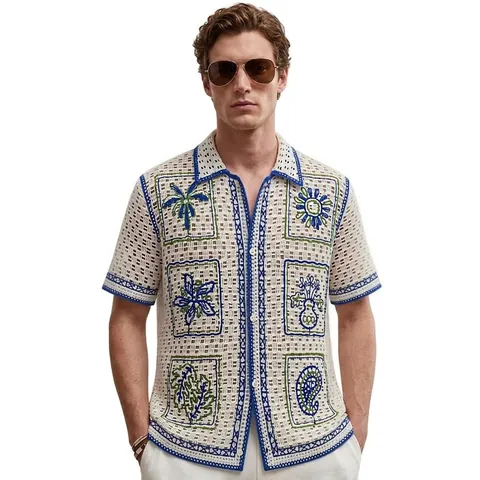 Heren Vakantiestijl Opengewerkt Gebreid Poloshirt Zomer Casual Korte Mouw Vest Met Tropische Planten Borduursel Top