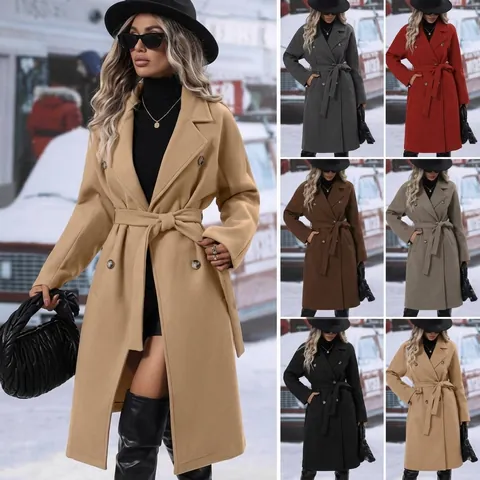 Cappotto in Lana Doppio Petto Europeo da Donna Misto Poliestere Lana Collo a Revers con Cintura Lunghezza Media Caldo Cappotto Invernale