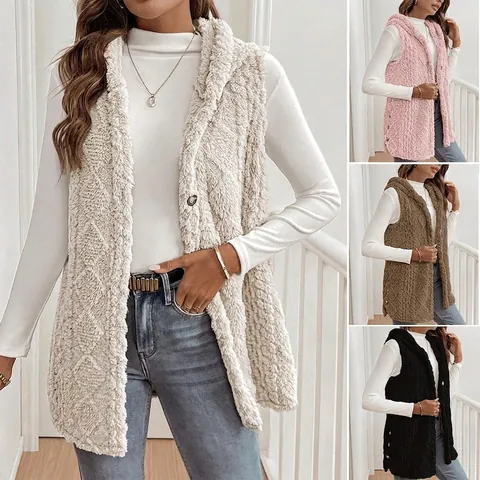 Women Hooded Sherpa Fleece Vest Mid-Length Sleeveless Jacket Casual Quilted Pattern Open Front Cardigan Outwear Winter Warm