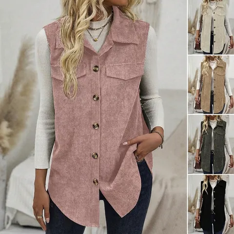 Women Corduroy Vest Lapel Single Breasted Sleeveless Jacket Casual Solid Color Mid Long Waistcoat With Pockets For Women