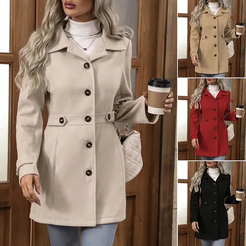 Cappotto in Misto Lana da Donna Vestibilità Aderente Revers Monopetto Manica Lunga Giacca di Lana Invernale Calda Trench