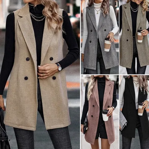 Elegant Women Double Breasted Suit Vest Polyester Herringbone Sleeveless Mid Length Waistcoat Outerwear For Autumn Winter