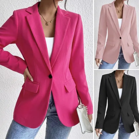 Women Elegant Notched Lapel Woolen Blazer Slim Fit Office Commute Jacket Single Button Polyester Wool Outerwear