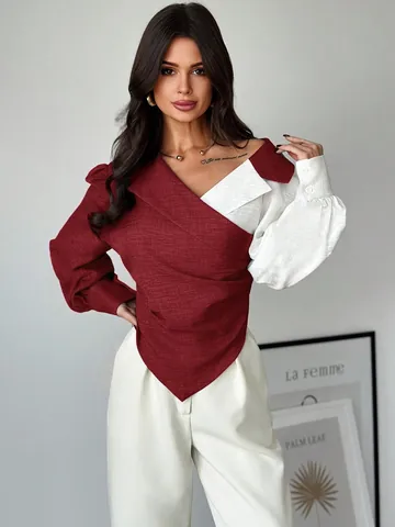 Women Asymmetrical Patchwork Long Sleeve Blouse Elegant Lapel Wrap Bandage Slim Fit Commute Lantern Sleeve Office Top