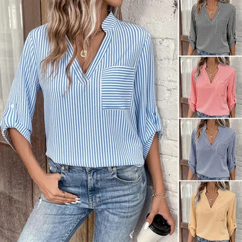 Chemise Femme Décontractée Rayée Imprimée Col en V Manche Longue Pull-over Top Blouse Ample Confortable Avec Poche Mode Printemps