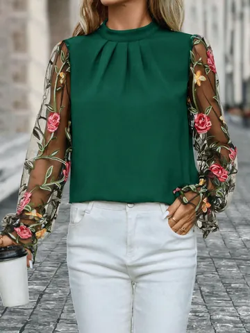 Damen Mock Neck Netz Patchwork Bestickte Bluse Top Elegantes Langarm Polyester Hemd Blumen Stickerei Lässiges Top