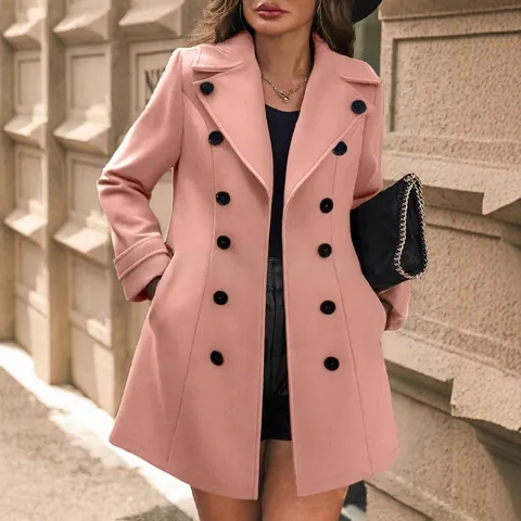 Cappotto da Donna Doppio Petto Lunghezza Media in Misto Lana Slim Fit Revers Manica Lunga Patchwork Autunno Inverno Caldo