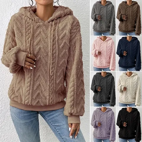 Sudadera con Capucha de Franela Holgada para Mujer con Textura 3D de Punto de Torsión Chaqueta de Felpa Gruesa Casual Manga Larga