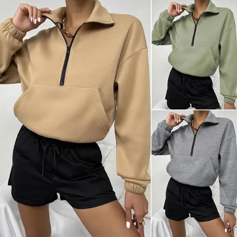 Damen Casual Fleece Sweatshirt Halber Reißverschluss Stehkragen Langarm Einfarbig Locker Warm Herbst Winter Top Pullover