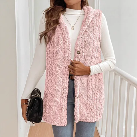 Women Hooded Sherpa Fleece Vest Mid-Length Sleeveless Jacket Casual Quilted Pattern Open Front Cardigan Outwear Winter Warm