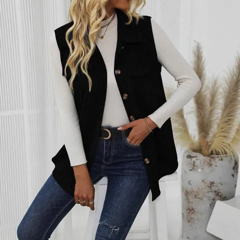 Women Corduroy Vest Lapel Single Breasted Sleeveless Jacket Casual Solid Color Mid Long Waistcoat With Pockets For Women