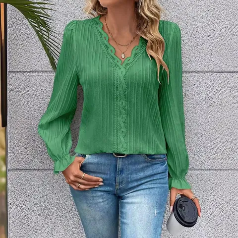 Women Elegant V Neck Lace Patchwork Blouse Top Long Sleeve Pleated Texture Shirt Casual Solid Color Ruffle Cuff Blouse Top