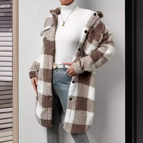 Abrigo Largo de Felpa a Cuadros para Mujer Otoño Invierno Solapa Abotonada Mezcla de Lana Holgado Cálido