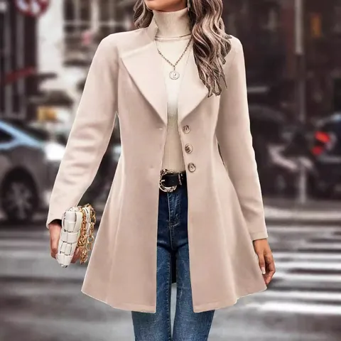 Women Lapel Slim Fit Viscose Woolen Jacket Mid-Length Single Breasted Solid Color Autumn Winter Elegant Commuter Coat