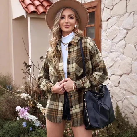 Giacca di Lana a Quadri da Donna con Risvolto Monopetto Manica Lunga Giacca di Flanella Casual Pendolare Capispalla