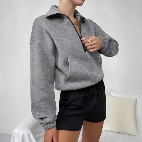 Damen Casual Fleece Sweatshirt Halber Reißverschluss Stehkragen Langarm Einfarbig Locker Warm Herbst Winter Top Pullover