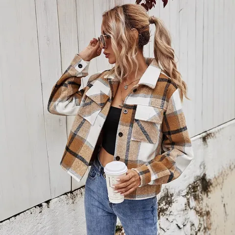 Giacca a Quadri da Donna Revers Monopetto Poliestere Misto Lana Giacca Corta Autunno Inverno Casual Cappotto a Quadri