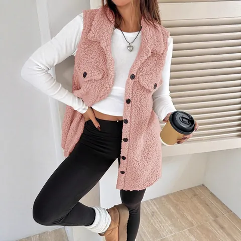 Gilet da Donna in Misto Lana Finto Sherpa Casual con Revers e Bottoni Senza Maniche Capispalla Vestibilità Larga Inverno Caldo