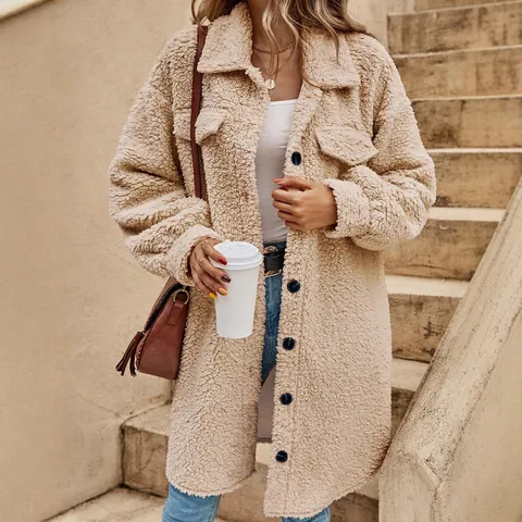 Women Winter Oversized Long Plush Coat Polyester Teddy Fleece Jacket Lapel Single Breasted Solid Color Warm Casual Outwear