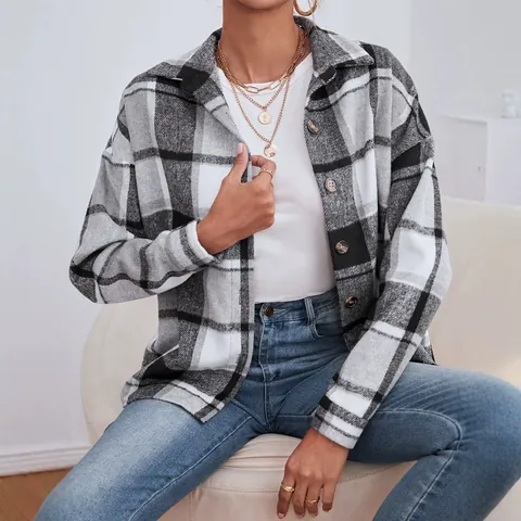 Cappotto Shacket da Donna in Misto Lana a Quadri Revers Monopetto Giacca a Manica Lunga Autunno Inverno Moda Casual Soprabito a Quadri
