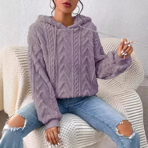 Sudadera con Capucha de Franela Holgada para Mujer con Textura 3D de Punto de Torsión Chaqueta de Felpa Gruesa Casual Manga Larga