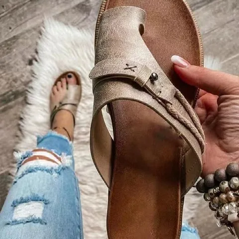 Women's Casual Vintage Flat Toe-Loop Slides Retro PU Leather Stitching Summer Sandals Plus Size Comfort Slides