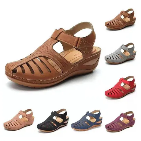 Sandalias de Cuña Romana de Verano para Mujer Punta Redonda Cerrada Hueca Cuero de PU Cómodas Transpirables Zapatos de Caminar Diarios