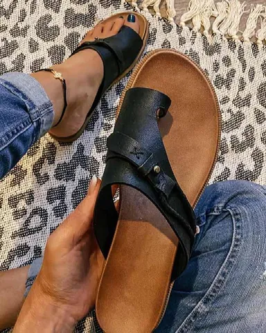 Women's Casual Vintage Flat Toe-Loop Slides Retro PU Leather Stitching Summer Sandals Plus Size Comfort Slides