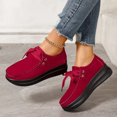 Women Thick Sole Platform Loafers Casual Round Toe PU Flat Shoes With Contrast Stitching Lace-up Fashion Moccasins For Spring