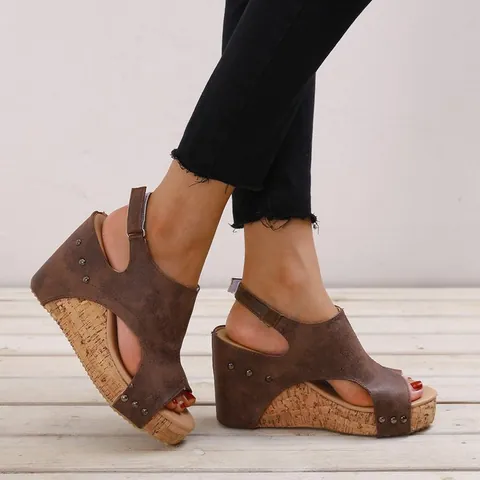 Women Wedge Peep Toe Platform Sandals Studded Large Size 43 Casual Summer Sandals Heel Fashion Footwear Black Apricot Brown