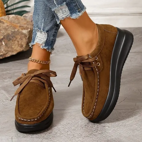 Women Thick Sole Platform Loafers Casual Round Toe PU Flat Shoes With Contrast Stitching Lace-up Fashion Moccasins For Spring