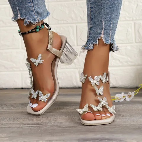 Elegant Square Toe High Heel Sandals For Women Rhinestone Butterfly Decor Transparent Strap Crystal Chunky Heel Sexy Sandals
