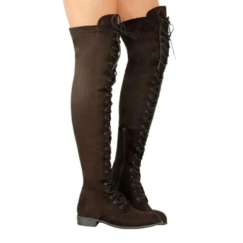 Women Over The Knee Boots Faux Suede Lace Up Flat Boots Fashion Side Zipper Long Boots Autumn Winter Daily Casual Shoes