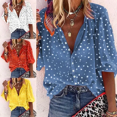 Women V Neck Polka Dot Snowflake Print Long Sleeve Button Down Blouse Casual Loose Polyester Cotton Blend Top