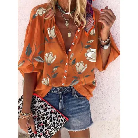Women Floral Print Polyester Blouse V Neck Button Down 3/4 Lantern Sleeve Loose Casual Boho Shirt Autumn Tunic Tops