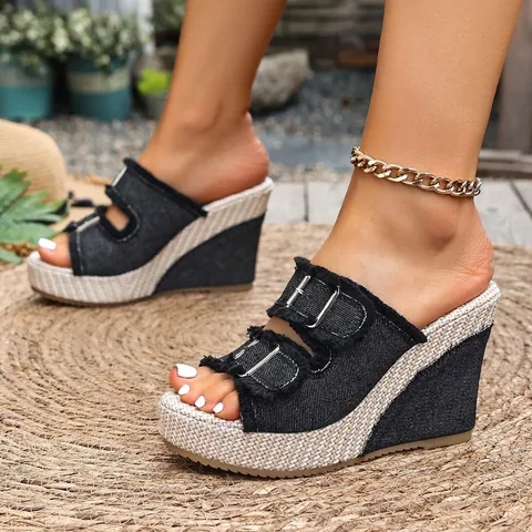 Women's Fashion Wedge Sandals Platform Slides Metal Buckle PU Leather Denim Style Frayed Edges Casual Summer Shoes For Women