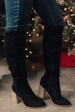 Damen Vintage Rauleder Blockabsatz Hohe Ritterstiefel Seitenreißverschluss Kniehohe Stiefel Einfarbig Winter Modeschuhe