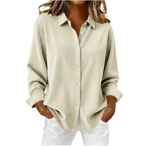 Giacca Camicia di Velluto a Coste da Donna Oversize a Maniche Lunghe con Bottoni Camicetta Tinta Unita Poliestere Casual Street Style