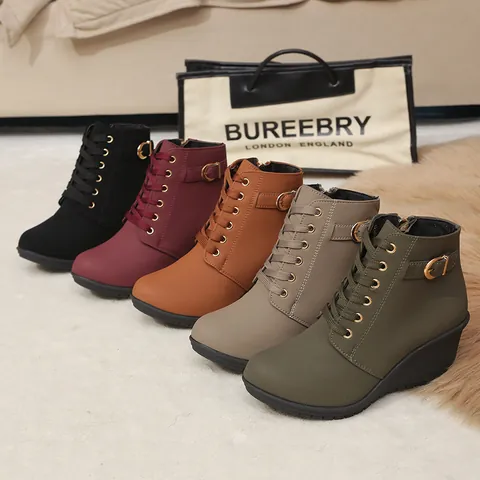 Women's British Style Wedge Ankle Boots Platform Martin Boots PU Leather Height Increasing Fashion Winter Short Boots